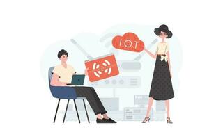 IoT concept. The girl and the guy are a team in the field of IoT. Good for presentations and websites. Vector illustration in trendy flat style.