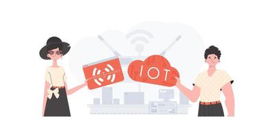 A man and a woman are a team in the field of the Internet of things. IoT concept. Good for websites and presentations. Trendy flat style. Vector. vector