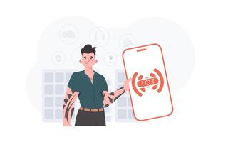 Internet of things and automation concept. The guy is holding a phone with the IoT logo in his hands. Vector illustration in trendy flat style.