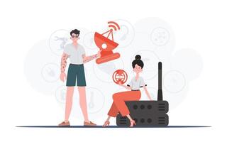 IoT concept. The girl and the guy are a team in the field of Internet of things. Good for presentations and websites. Vector illustration.