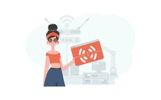 A woman is holding an internet thing icon in her hands. IoT concept. Good for websites and presentations. Vector illustration in trendy flat style.