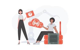 un hombre y un mujer son un equipo en el campo de el Internet de cosas. iot concepto. bueno para presentaciones y sitios web vector ilustración en plano estilo.