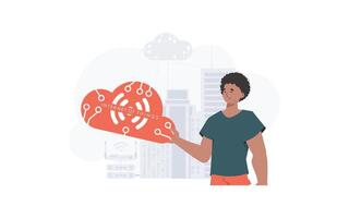 The guy is holding an internet thing icon in his hands. Internet of things and automation concept. Good for presentations and websites. Vector illustration in trendy flat style.