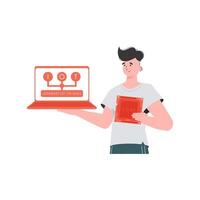 A man holds a laptop and a processor chip in his hands. Internet of things concept. Isolated. Vector illustration in flat style.