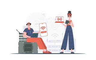 IoT concept. The girl and the guy are a team in the field of Internet of things. Good for presentations and websites. Vector illustration in flat style.