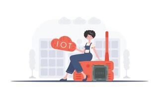 Internet de cosas concepto. un mujer se sienta en un enrutador y sostiene el Internet de cosas logo en su manos. de moda plano estilo. vector. vector