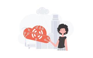 A woman is holding an internet thing icon in her hands. Internet of things and automation concept. Good for websites and presentations. Vector illustration.