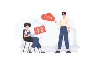 A man and a woman are a team in the field of the Internet of things. IoT concept. Good for websites and presentations. Trendy flat style. Vector. vector