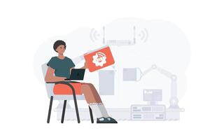 The guy is holding an internet thing icon in his hands. Internet of things concept. Good for websites and presentations. illustration in trendy flat style. vector
