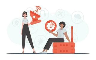IoT concept. The girl and the guy are a team in the field of IoT. Good for websites and presentations. Vector illustration in flat style.