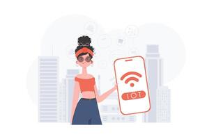 Internet de cosas y automatización concepto. un mujer sostiene un teléfono con el iot logo en su manos. vector ilustración en plano estilo.