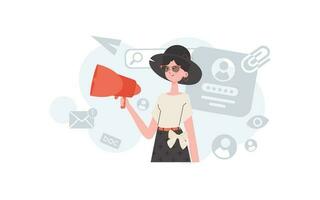 A woman stands waist-deep with a loudspeaker. Search. Element for presentation. vector