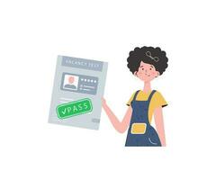 A woman holds in her hands a passed test for a vacancy. Job search concept. Isolated on white background. Trend style, vector illustration.