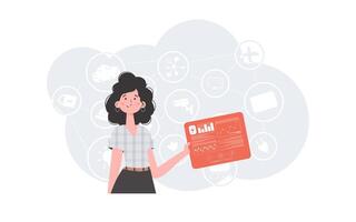 Internet de cosas concepto. un mujer sostiene un panel con analizadores y indicadores en su manos. bueno para sitios web y presentaciones de moda plano estilo. vector. vector