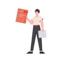 A man stands to his full height with a tax return form in his hands. Isolated. Element for presentation. vector