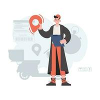 A man stands in full growth and holds a geolocation icon in his hands. Delivery. Element for presentations, sites. vector