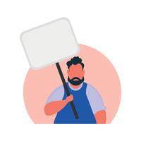 Man with blank banner isolated on white background. Protest concept. Vector illustration.