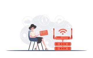 iot concepto. un mujer se sienta en un silla y sostiene un panel con analizadores y indicadores en su manos. bueno para sitios web y presentaciones vector ilustración en de moda plano estilo.