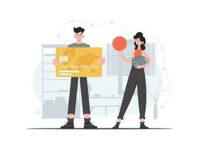A woman and a man stand in full growth holding a coin and a piggy bank in their hands. Saving. Flat style. Element for presentations, sites. vector