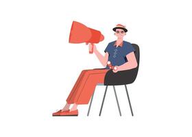 A man is sitting on a chair holding binoculars and a loudspeaker. Isolated. Element for presentation. vector