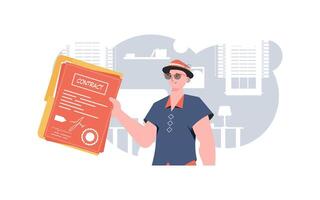 The man is holding a contract. The character is depicted to the waist. The concept of concluding contracts. Vector illustration in a flat style.