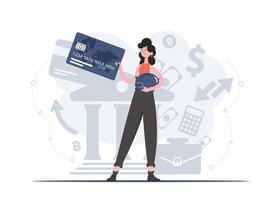 A woman stands in full growth with a piggy bank and a credit card in her hands. Accumulation. Flat style. Element for presentations, sites. vector