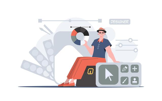 A man sits on a suitcase with a color wheel in his hands and a design panel. Design. Element for presentation.