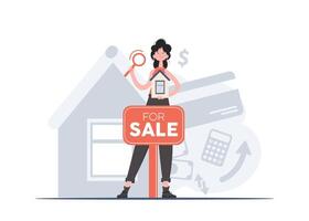 A woman stands in full growth with a house mockup and a sale sign. Property search. Flat style. Element for presentations, sites. vector