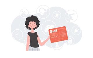 IOT concept. A woman holds a panel with analyzers and indicators in her hands. Good for websites and presentations. illustration in trend flat style. vector