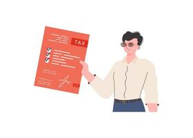 A man stands waist-deep and holds a tax payment form. Isolated. Element for presentation. vector