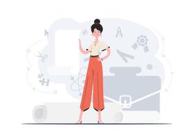 A woman stands in full growth holding a blank sheet in her hands. Place for advertising. Flat style. Element for presentations, sites. vector