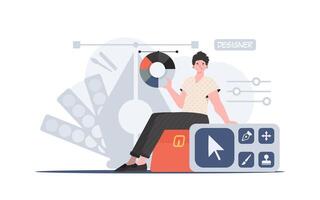 A man sits on a suitcase next to a designer panel. Design. Element for presentation. vector