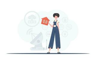 IoT concept. The woman is depicted in full growth, holding an icon of a house in her hands. Good for presentations. Vector illustration in trendy flat style.