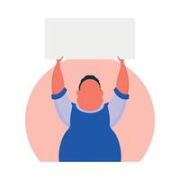 Man with blank banner isolated on white background. The guy is protesting. Vector illustration.