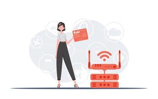 Internet of Things and Automation Concept. A woman holds a panel with analyzers and indicators in her hands. Good for websites and presentations. illustration. vector