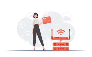 Internet of Things and Automation Concept. A woman holds a panel with analyzers and indicators in her hands. Good for websites and presentations. Vector illustration.