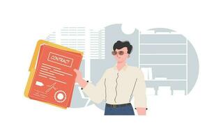 The man is holding a contract. The character is depicted to the waist. The concept of concluding contracts. Trend style, vector illustration.