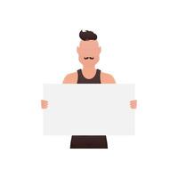 A man stands waist-deep and holds an empty banner in his hands. Isolated. Cartoon style. vector