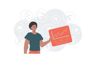 IoT concept. A man holds a panel with analyzers and indicators in his hands. Good for websites and presentations. Vector illustration in flat style.