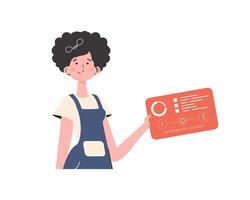 A woman holds a panel with analyzers and indicators in her hands. IoT concept. Isolated. illustration in trendy flat style. vector