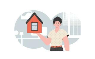 el hombre es representado hasta la cintura participación un pequeño casa en su manos. el concepto de de venta un casa. de moda estilo. vector ilustración.