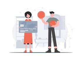 A woman and a man are standing in full growth holding a credit card and a coin in their hands. Saving. Flat style. Element for presentations, sites. vector