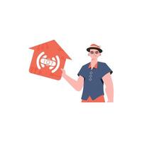 IoT concept. The guy is shown to the waist. A man holds an icon of a house in his hands. Isolated. Vector illustration in trendy flat style.