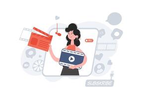 A woman stands waist-deep holding a clapperboard film. Blogging. Element for presentations, sites. vector