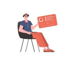 A man sits in a chair and holds a panel with analyzers and indicators in his hands. IoT concept. Isolated. Vector illustration in trendy flat style.