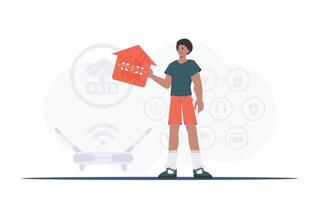 Internet of things and automation concept. The man is depicted in full growth, holding the icon of the house in his hands. Good for presentations. Vector illustration in flat style.