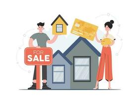 A woman and a man are standing in full growth buying a house. Realtors. Flat style. Element for presentations, sites. vector