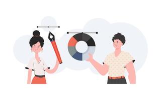 A man and a woman are waist-high and hold a pen tool and a color wheel. Design. Element for presentation. vector