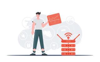 IoT concept. A man holds a panel with analyzers and indicators in his hands. Good for websites and presentations. illustration in flat style. vector