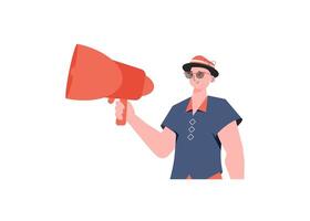 A man stands waist-deep in his hands with a megaphone. Isolated. Element for presentation. vector